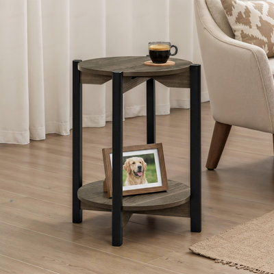 Table de bout ronde avec pieds en métal et tablette inférieure ouverte
