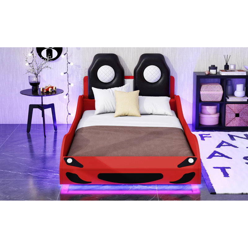 Lit plateforme simple pour voiture de course avec accents à DEL et support dorsal confortable, rouge, confortable et rembourré