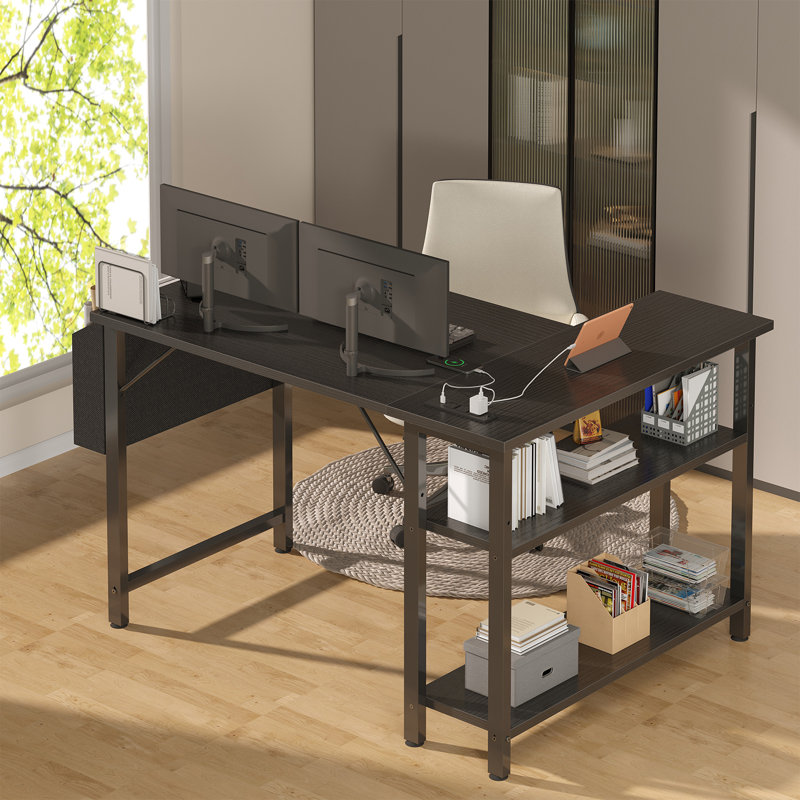 Built-in Outlets / USB L-Shaped Desk Computer Desk, 28.9" H x 39.5" W x 27.6" D, Black/Black