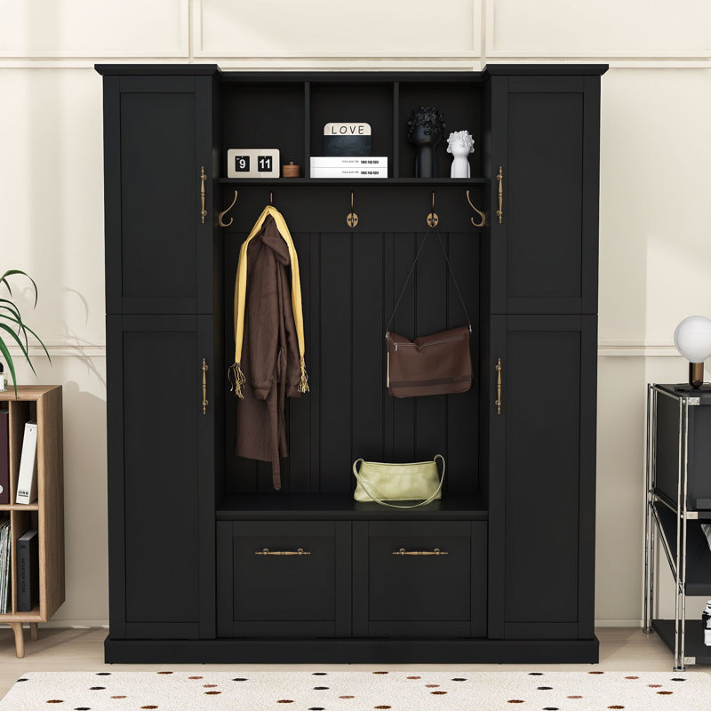 Vintage-Style Farmhouse Hall Tree with Bench, Hooks and Shelves, Black