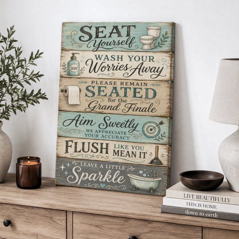 «Rustic Seat Yourself Bathroom», impression sur toile, impression sur toile encadrée, 36" H x 24" W x 1.5" D, Wrapped Canvas