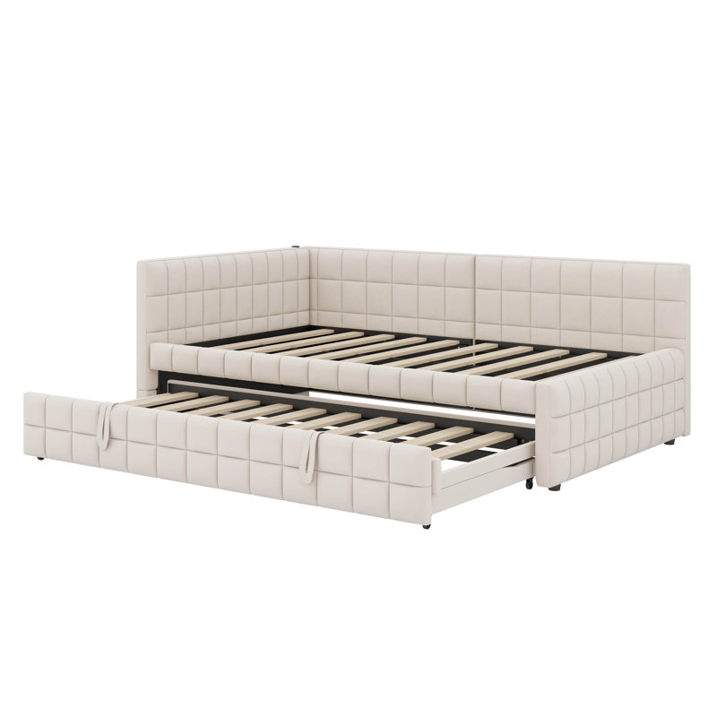 Full-Size Fabric-Covered L-Shaped Daybed With A Twin-Size Pop-Out Trundle And Integrated USB Connectivity, Beige