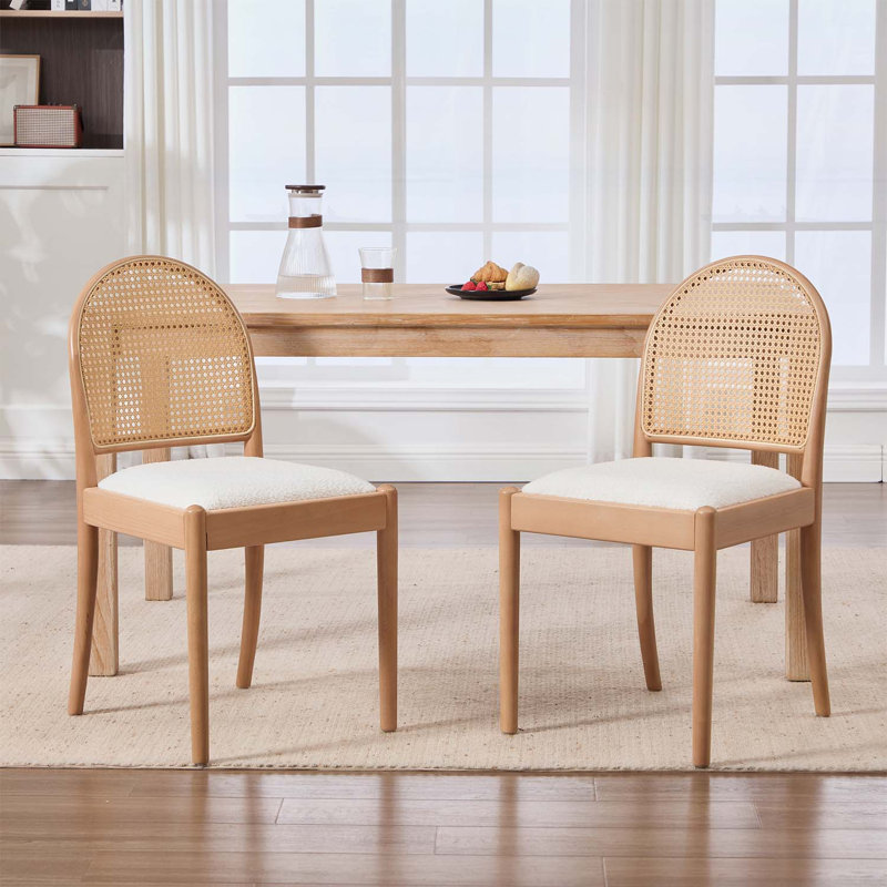 Ensemble de 2 chaises d'appoint en rotin, avec dossiers et pieds en bois, Blanc, Naturel
