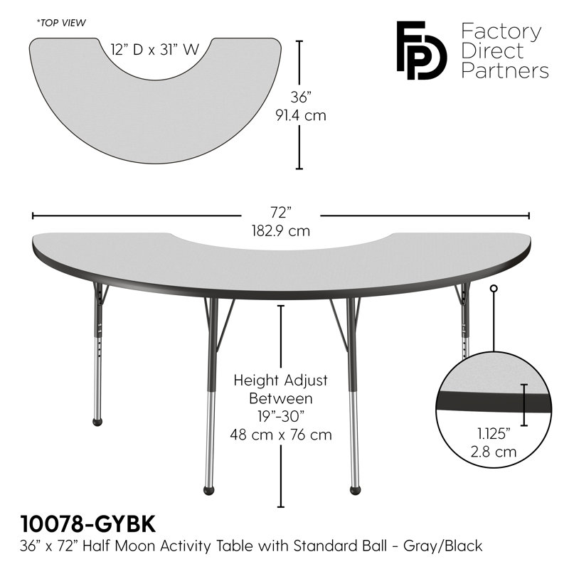 Table d'activité demi-lune 36 "x 72" avec pieds réglables, Gris / bleu, Standard Ball Glide