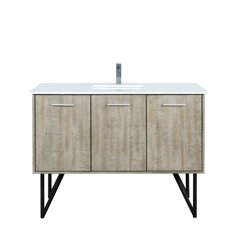 Meuble-lavabo rustique en acacia 48 po X P 20 po D, dessus en quartz blanc et robinet chromé