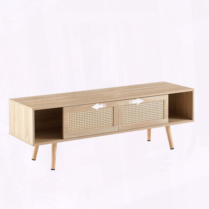 Rattan TV Cabinet with Sliding Doors and Solid Wood Legs