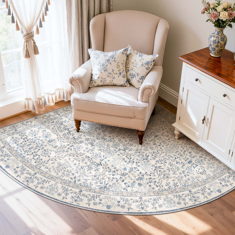 Floral Machine Washable Area Rug, Corner 6' x 6', Blue