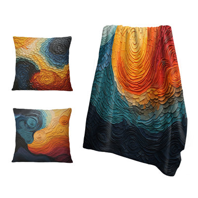 Teal Orange Op Art Rhythmic Illusion III - Op Art Throw Blanket And Pillow Set