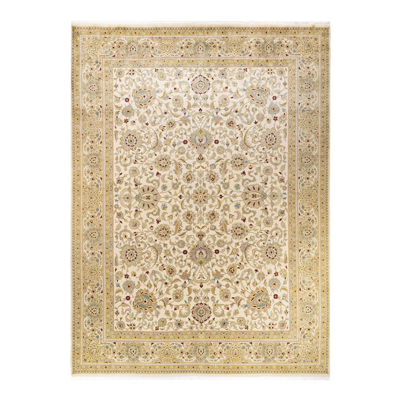 Tapis unique ivoire / jaune / rouge noué à la main Mogul 9 pi 2 po x 12 pi 5 po