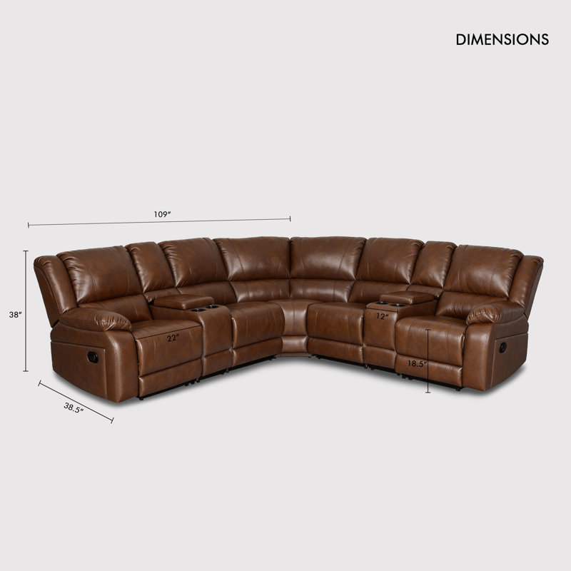 Canapé modulaire réversible inclinable en similicuir 5 places avec 2 consoles et 4 porte-gobelets, Light Brown