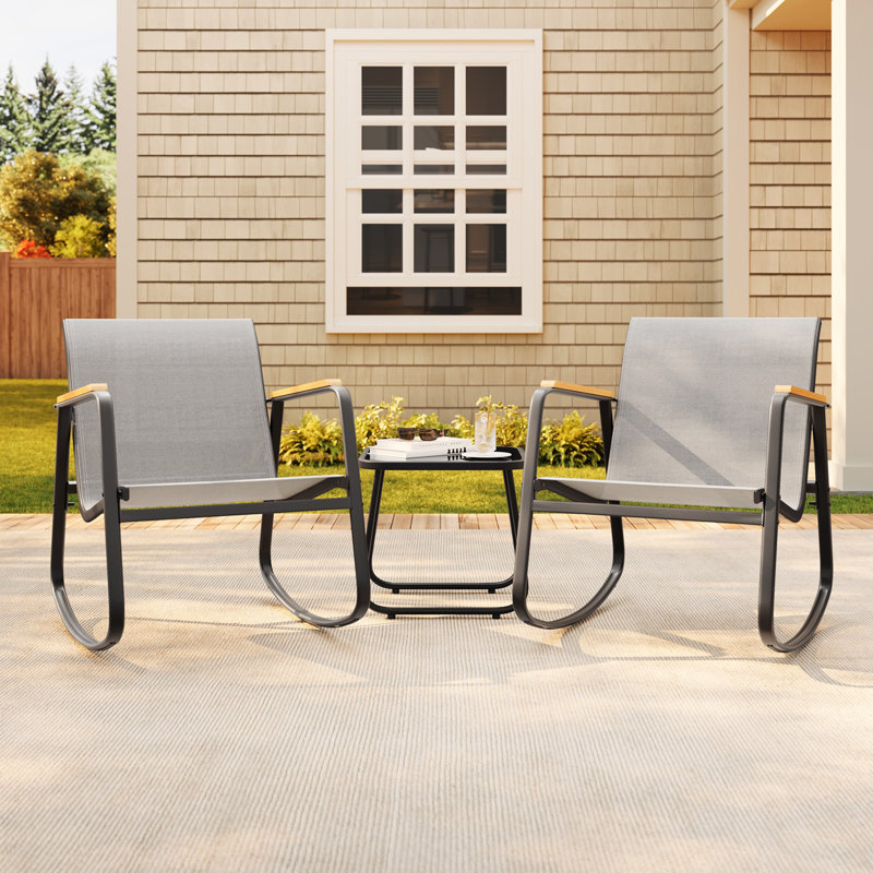 3-Piece Rocking Bistro Set with PVC-coated polyester Chairs – Wooden Armrests, Glass Coffee Table & Cushions, Gray