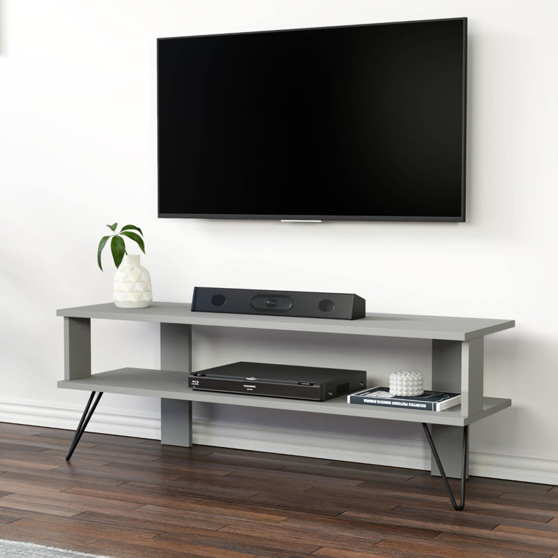 Modern Grey TV Stand with Wall-Mount Capability, 47.2 x 16.5 x 16.9 inches | 100% Melamine Coated Particle Board, Thickness: 0.7 inches | Multiple Shelves for Storage, Stylish Industrial Design for Living Room