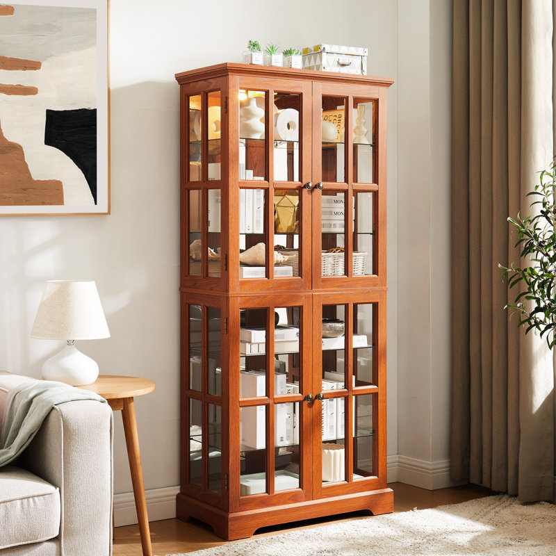 American Design, Dark Oak Glass Showcase, Adjustable Shelves, Doors, E26 Bulb, Textile Display Curio With Four - Door And Bulb For Showcasing Valuables