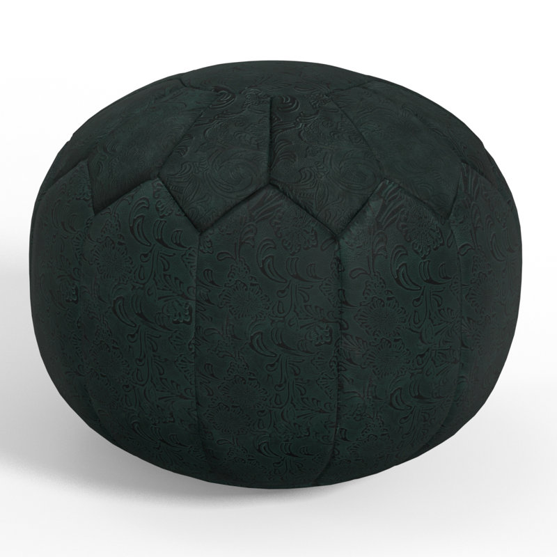 Pouf rond en cuir véritable de 20 po de largeur, Cuir véritable bleu sarcelle