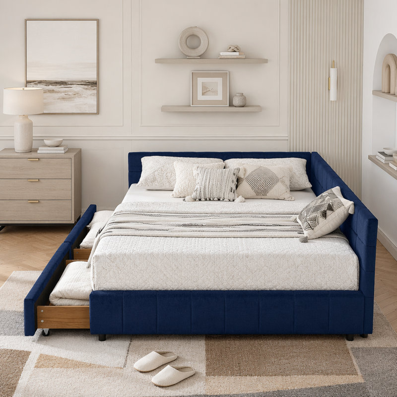 Grand lit de jour avec rangement capitonné en velours, Bleu très foncé
