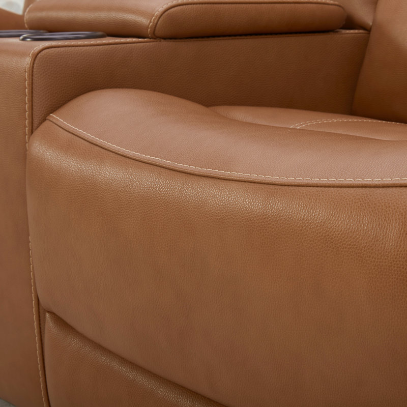 Lark Manor™ Cynita Leather Power Dual Recling Loveseat with Console, Chesapeake Blue, Silverado Butternut