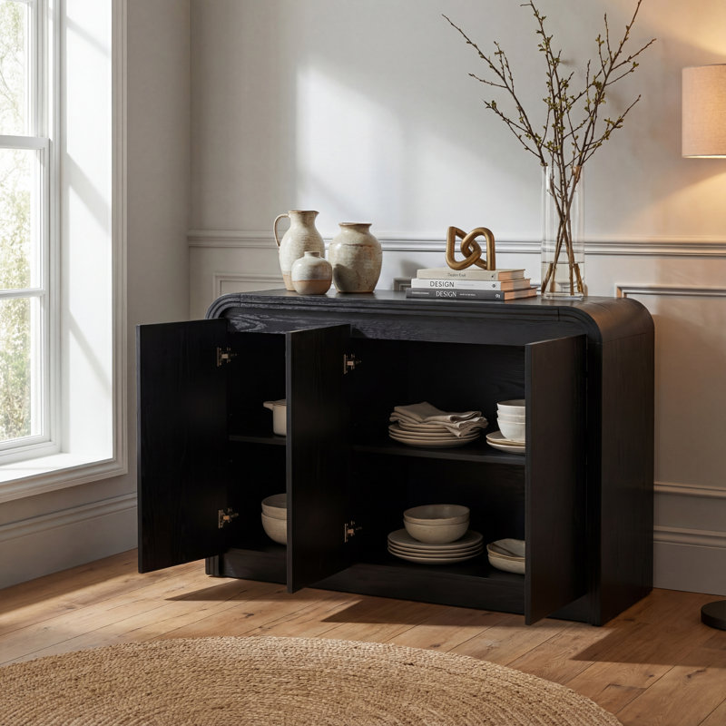 Buffet moderne à 3 portes de 47,24 pouces avec bords incurvés et tablettes de rangement, Noir