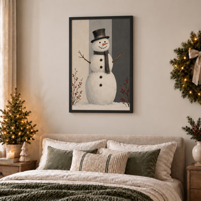 Art mural sur toile à trois niveaux avec bonhomme de neige noir et chapeau de Noël rouge