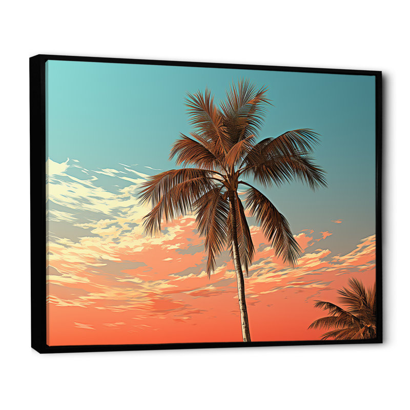Palmier au coucher du soleil sur toile, Cadre flottant noir, H 24 po x l 32 po x P 1 po