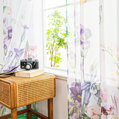 Curtains For Living Room 2 Panels Semi Sheer Curtain With Flower Butterfly Printed Pattern Summer Spring Rod Pocket Voile Drapes For Bedroom