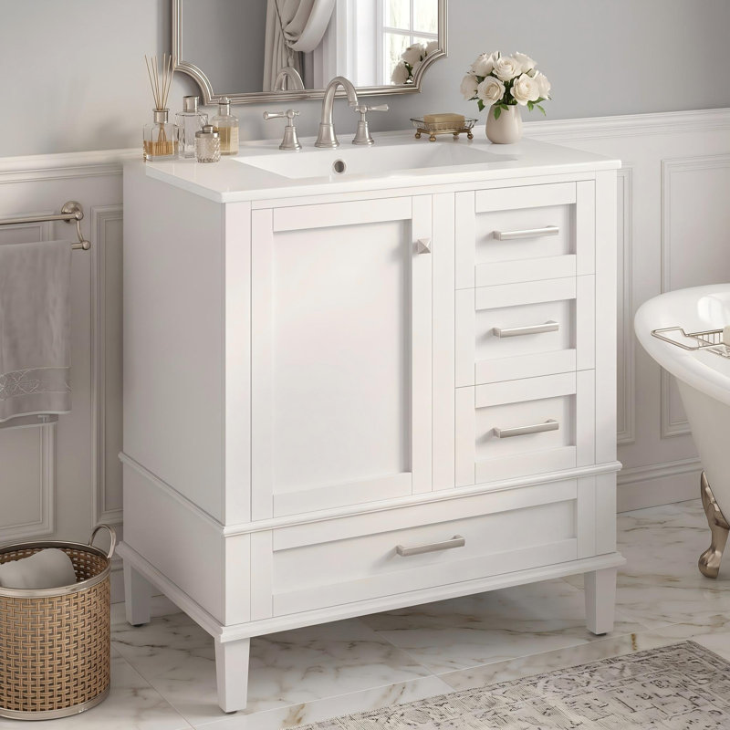 Meuble-lavabo 30 po avec lavabo en céramique, 3 tiroirs à fermeture en douceur, Blanc