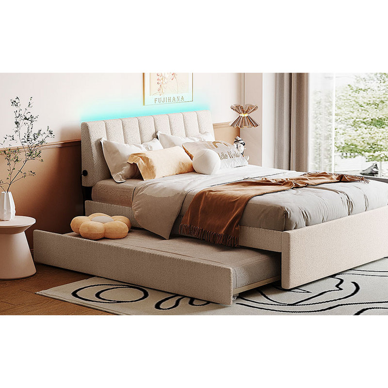 Lit plateforme tapissier Teddy, Beige, Double