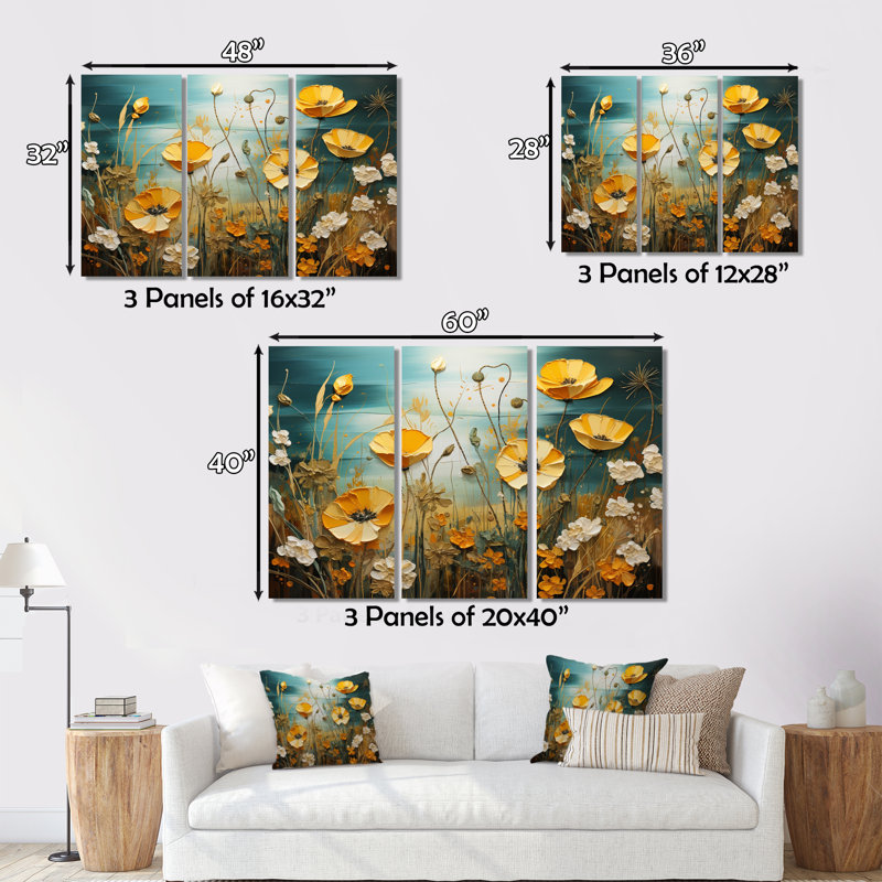 Yellow Blue Buttercups Golden Glow Patchwork I - Floral Canvas Prints Set, H 40 po x l 60 po x P 1 po
