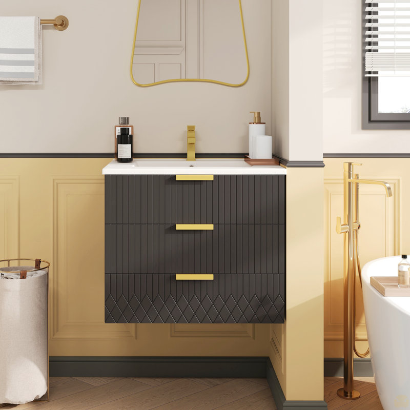Armoire murale suspendue 24 po avec tiroir double, petit lavabo de salle de bain rectangulaire flottant avec trou de robinet simple et trop-plein