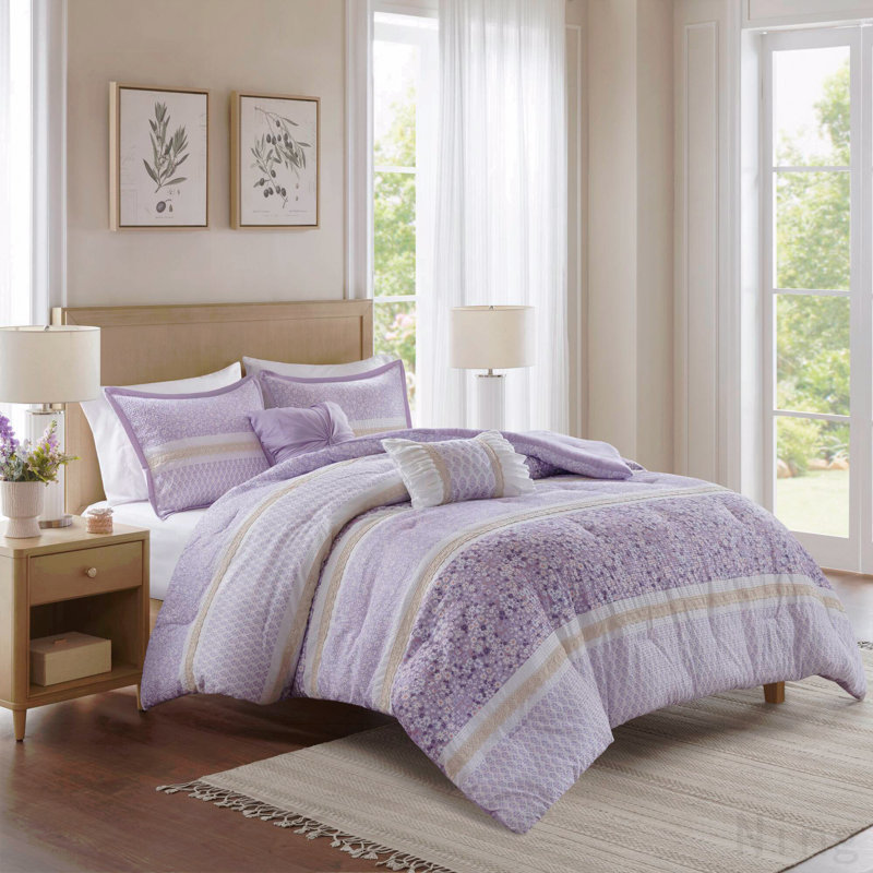 Ensemble d'édredon 5 pièces double / grand en seersucker avec coussins décoratifs