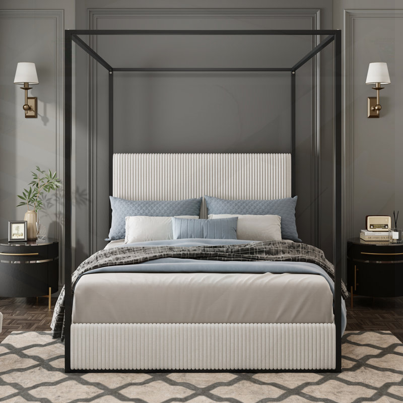 Lit à baldaquin en métal de luxe moderne avec tête de lit tapissier en velours côtelé, White