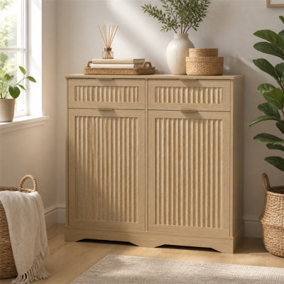 Armoire à poubelle double inclinable - 2 x 10 gallons, armoire à poubelle cannelée avec 2 tiroirs et crochets, porte-poubelle autoportant à l'épreuve des animaux de compagnie pour la buanderie du salon (ne comprend pas la poubelle)