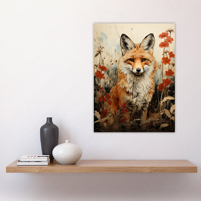 Wall Art Print Fox with Wildflowers Watercolour Painting Amber Cream Woodland Creature in Autumn Field Floral Animal Portrait Poster