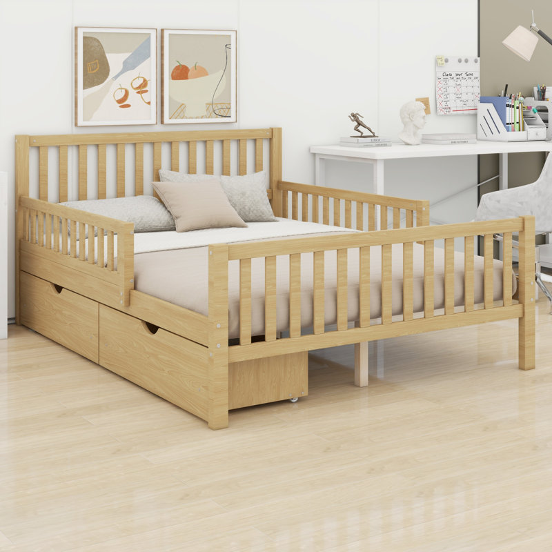 Classic Wood Platform Bed Frame with Guardrails and 2 Storage Drawers, Full