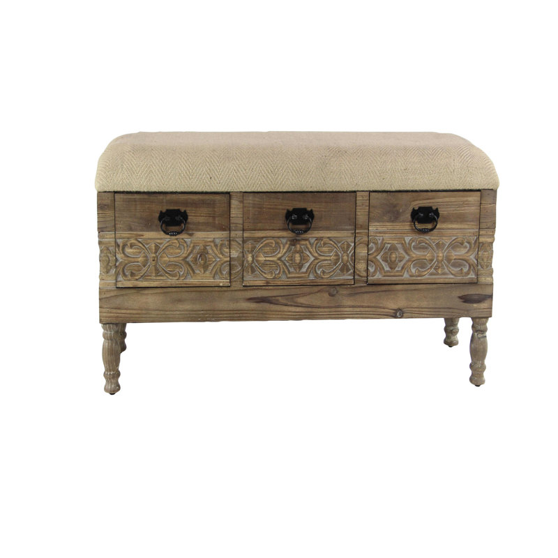 Banc de rangement en bois brun à motif floral avec plateau en toile de jute crème