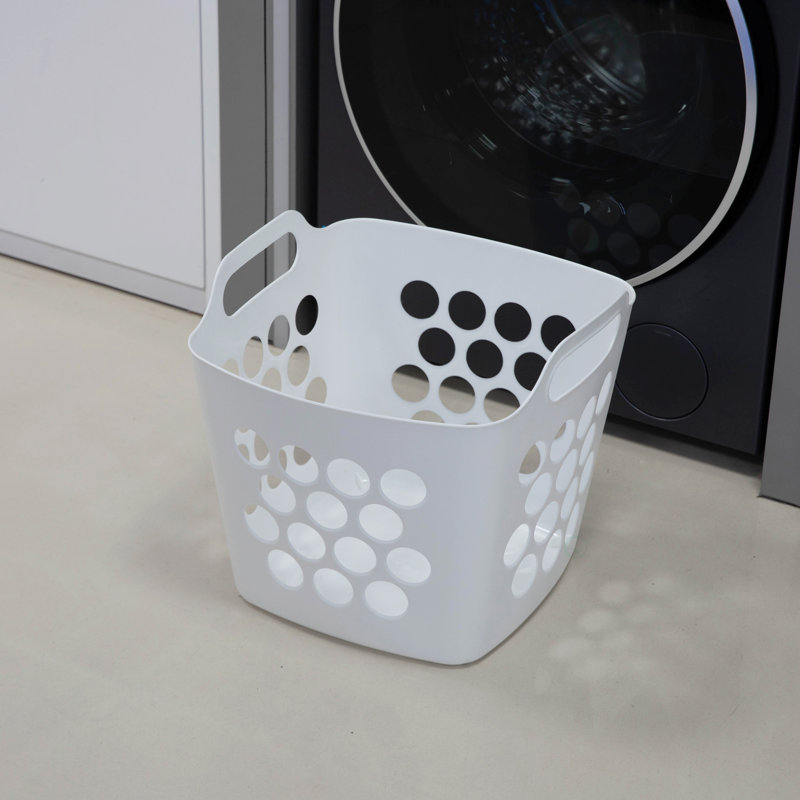 Flexible Plastic Carry Laundry Basket Holder Square Storage Hamper with Side Handles, White