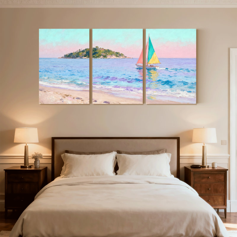 Plage, plage, voilier, île, ciel, eau, sable, vagues, coucher de soleil, ensemble de 3 impressions sur toile