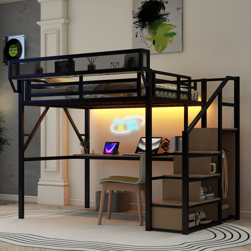 Full Size Metal Loft Bed with Desk, Charging Station, Stairs & Light, Kids Teens Loft Bed Frame, Black