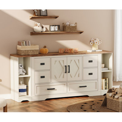 Commode de style campagnard moderne en bois avec 6 tiroirs et tablettes de rangement ouvertes pour adolescents Glenford
