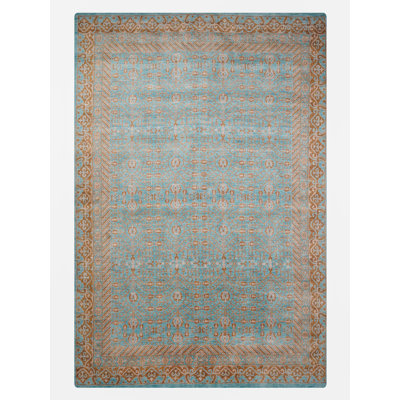 Tapis en laine écologique tissés à la main - 90 x 150 cm, rectangulaire, bleu pâle, motif oriental, épais et à poils longs, antidérapant, idéal pour le salon et la chambre.