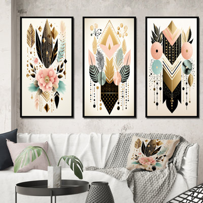 " Boho Chic Floral Geometric Retro Illustration I " 3 - Pieces