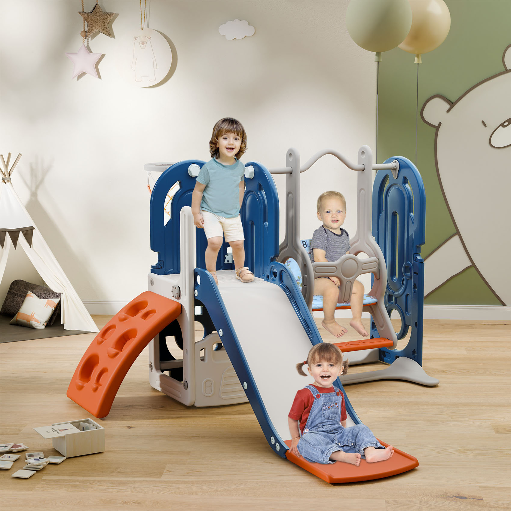 Toddler Swing In Toddler Slide And Swing Set, Bus Themed Kid