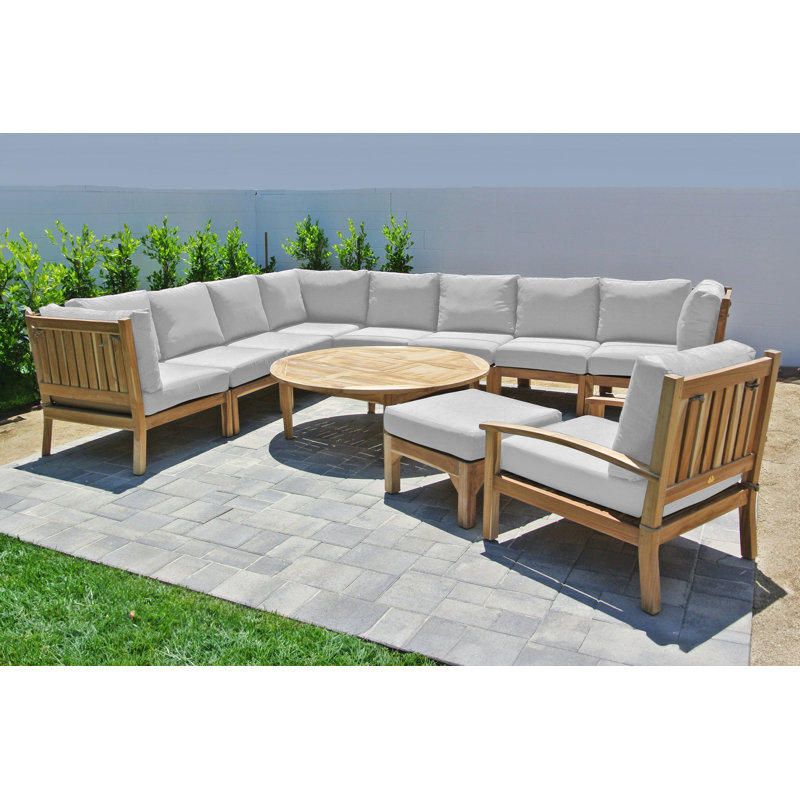Ensemble de conversation modulaire en teck Huntington avec coussins Sunbrella, 11 pièces, 1 repose-pieds, Sunbrella® naturel