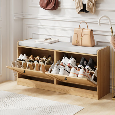 Shoe Bench, Modern Entryway Bench With 2 Flip Drawers, Shoe Rack Bench With Padded Seat Cushion, Wooden Shoe Storage Bench For Entryway, Bedroom And Apartment