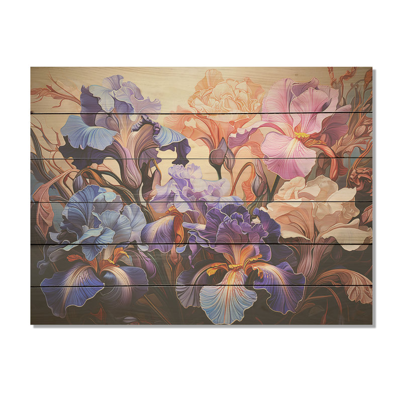 Mauve et rose, féroces iris, expression sauvage, fleurs, iris, art mural sur bois de pin naturel, H 30 po x l 40 po