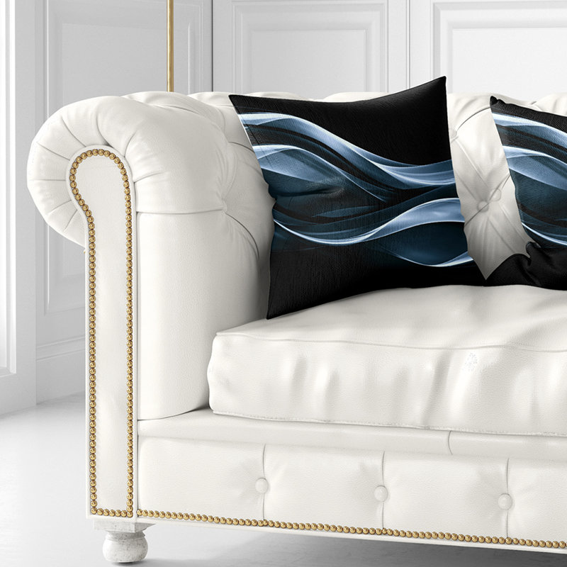 Fractal Lines Blue in Black - coussin imprimé abstrait, 18 po x 18 po, Coussin décoratif