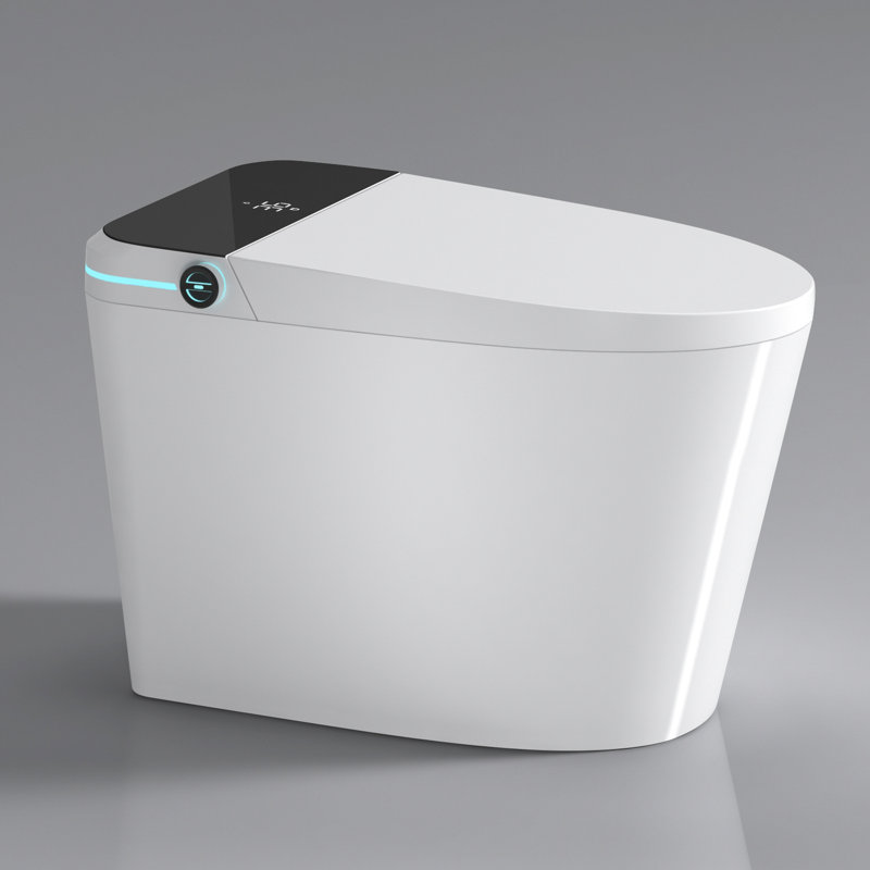 Toilette moderne pour salle de bain intelligente - Siège à ouverture / fermeture automatique, capteur de pied, éclairage de nuit, blanc avec bidet ouvert / fermé, fonction,