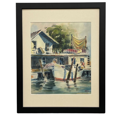 Aquarelle de paysage marin de style Mid-Century
