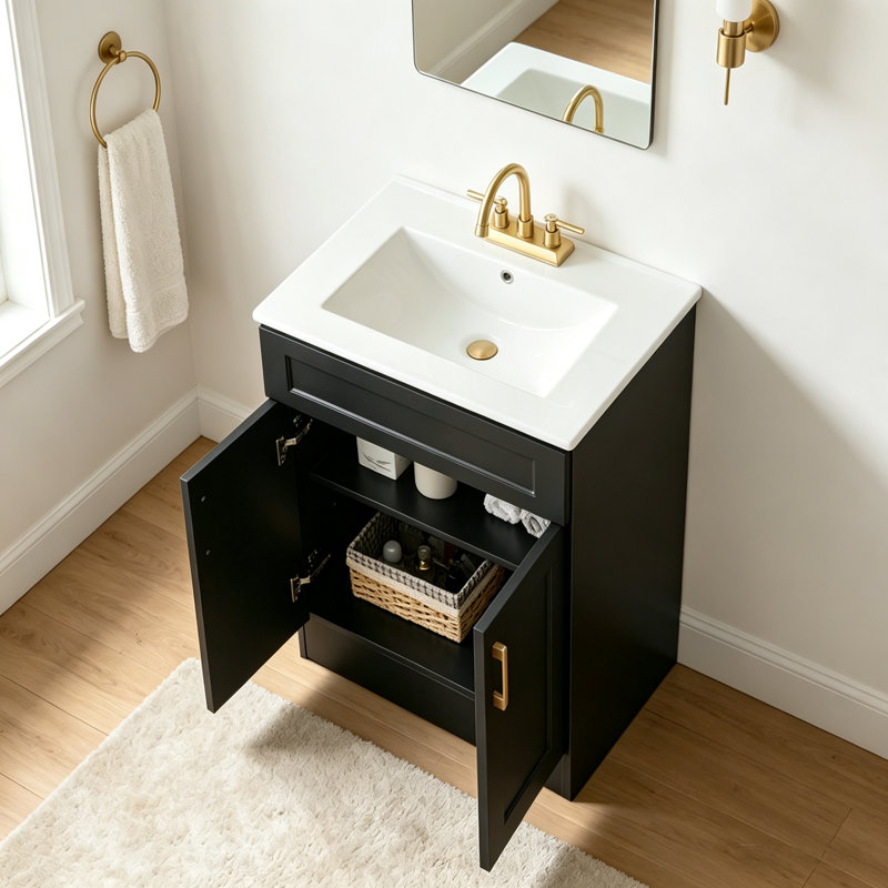 24'' Morden Single Bathroom Vanity With Ceramic Top, Black