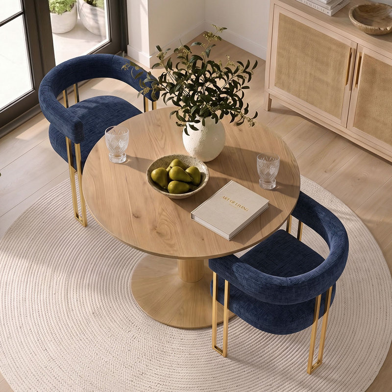 Ensemble de table de salle à manger pour 2 personnes avec table ronde et 2 fauteuils rembourrés en chenille, Bleu