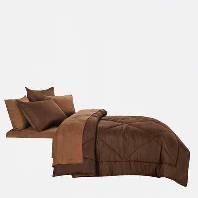 7 Piece Reversible Microfiber Bed In A Bag Set Featuring Solid Chocolate Brown Quilted Design,Full